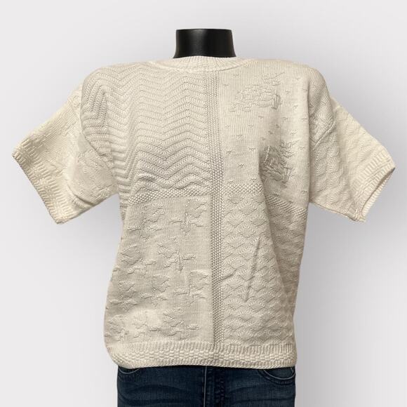 Worthington NEW VINTAGE Womens Knit Tee Sweater sz L Short Sleeve White Retro - Picture 2 of 12